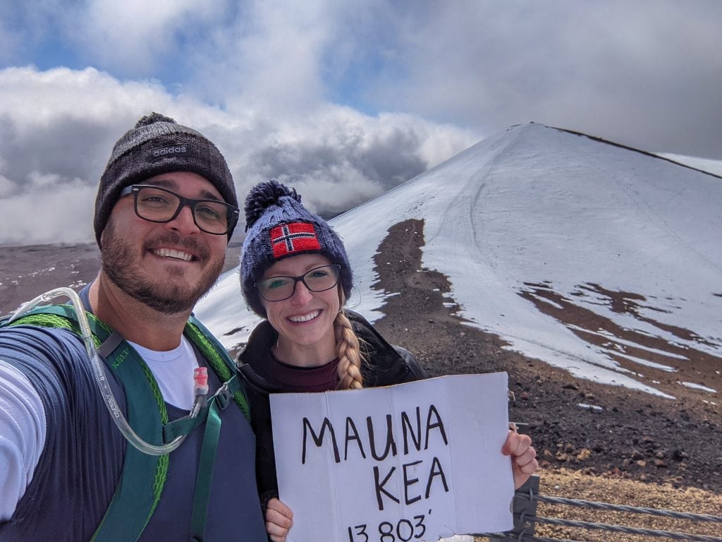 Standing Near The Summit of Mauna Kea After A Long Hike. Mauna Kea Is Snow-Covered.