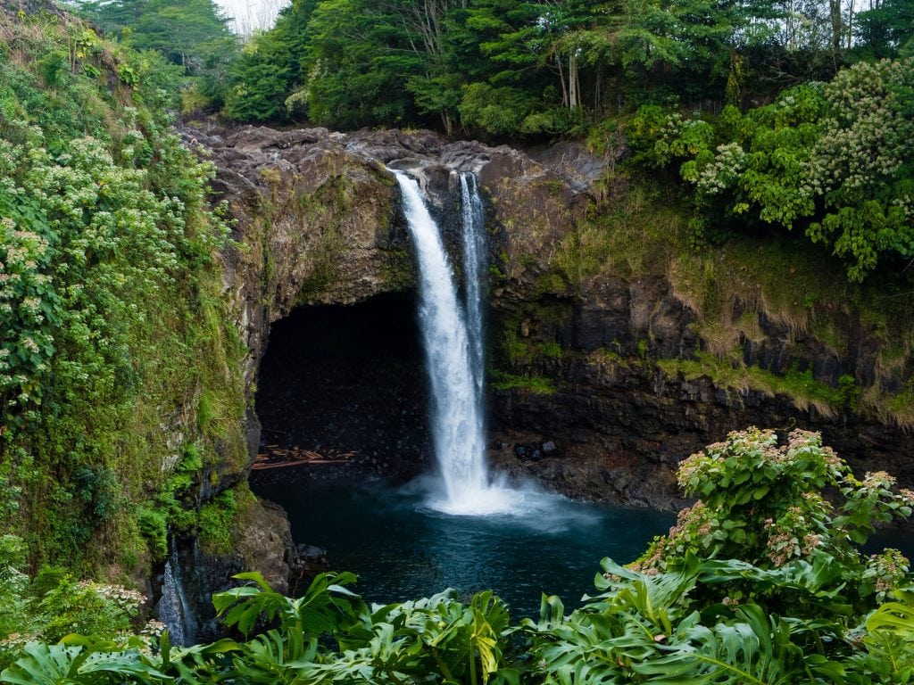 Rainbow Falls Surrounded By Tropical Rainforest.